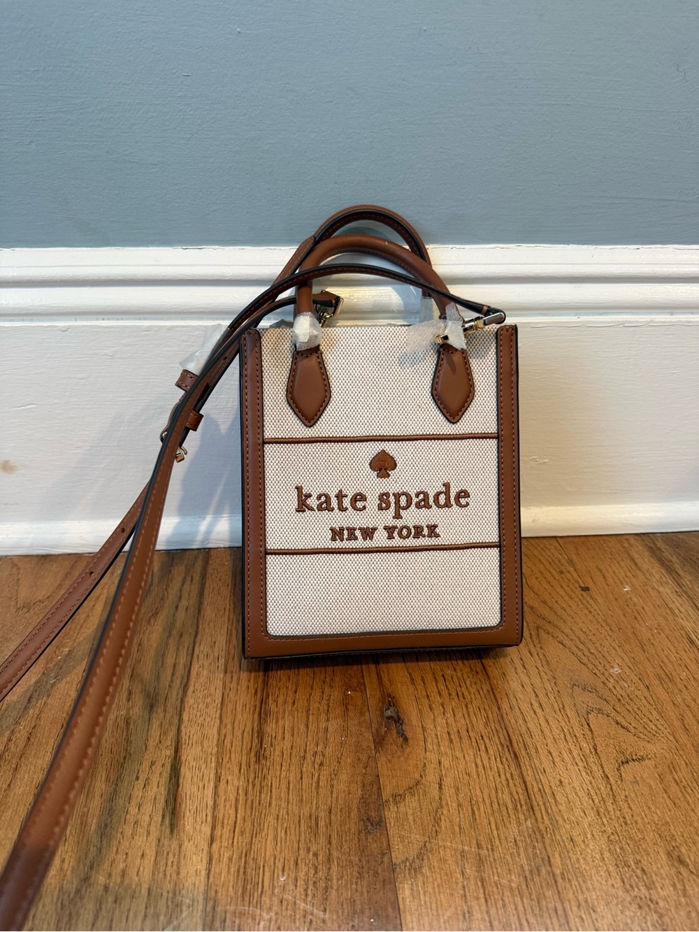 NWT kate spade cream and brown leather-trim mini crossbody tote